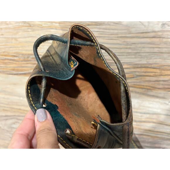 Vintage Tooled Leather Green Brown Backpack Bag - Picture 4 of 4